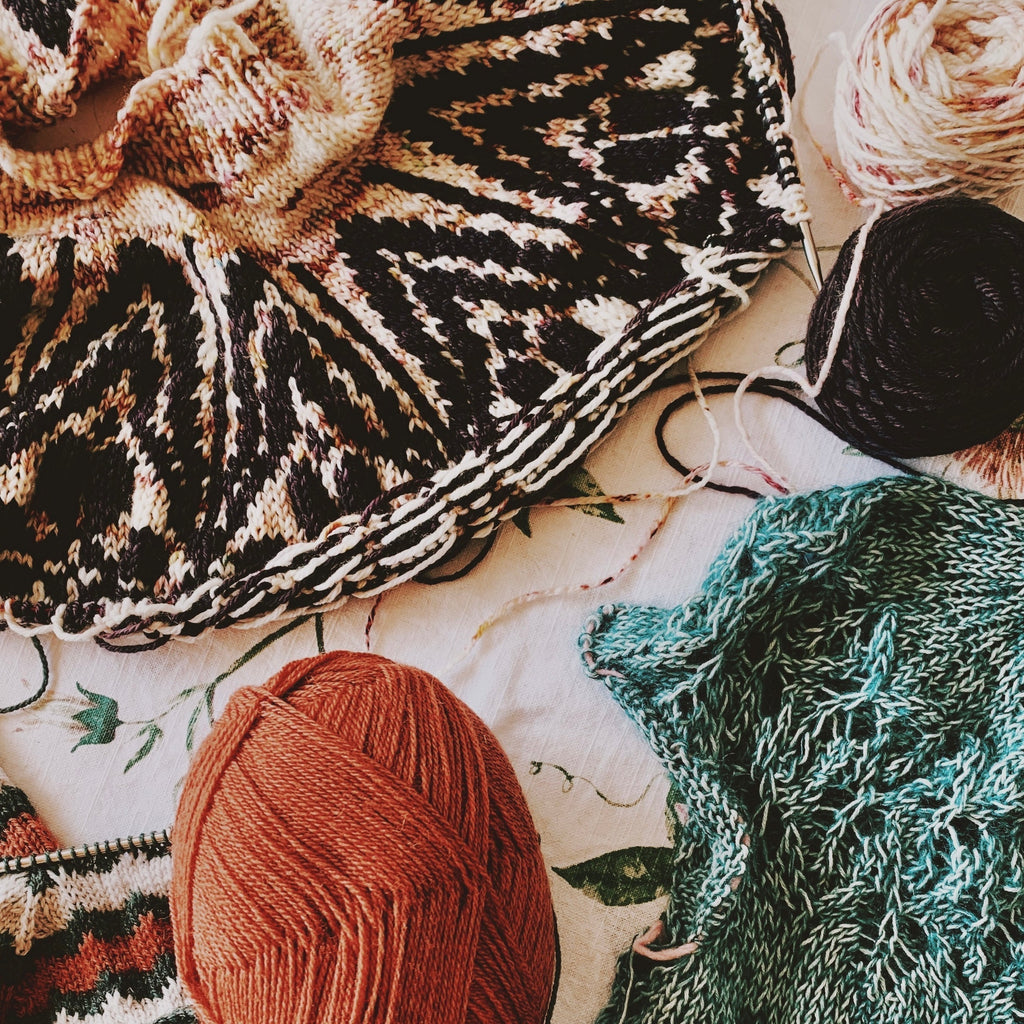 autumb knitting projects sweater colourwork yarn flat lay